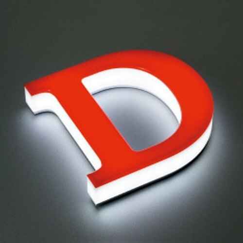 Red acrylic front-lit LED letter D with white returns, made by ALFA Signage